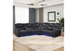 EAFURN Faux Leather Manual Reclining Sectional Sofa with Center Console and LED Light Strip,Symmetrical Corner Motion Couch with 2 Cup Holders and Storage Home Theater Seating Chair Living Room Furniture Set