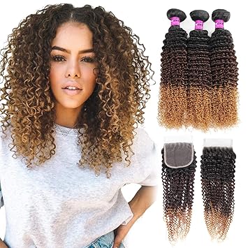 Amazon Com Mink Hair Ombre Kinky Curly Hair With Closure 10 12