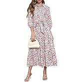 Kedera Womens 3/4 Sleeve Tiered Maxi Dresses Casual Button Down Tie Waist Flowy Shirt Midi Dresses Long Ruffle Sundress