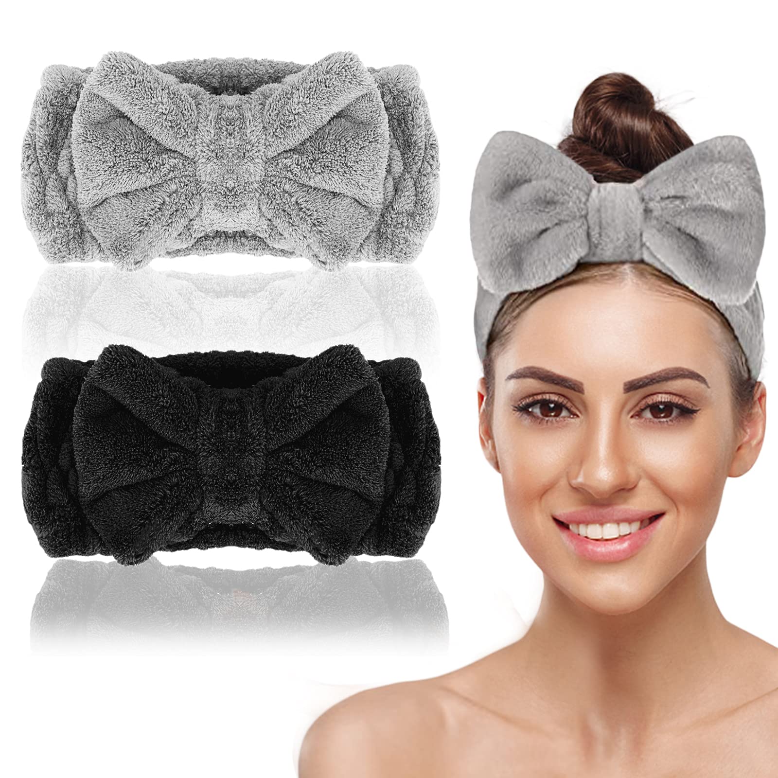 2 Pack Bowknot Spa Headband, Soft Coral Fleece Facial Makeup Hair Wrap Makeup Fluffy Headband for Women Girls Washing Face Skincare, Black and Grey