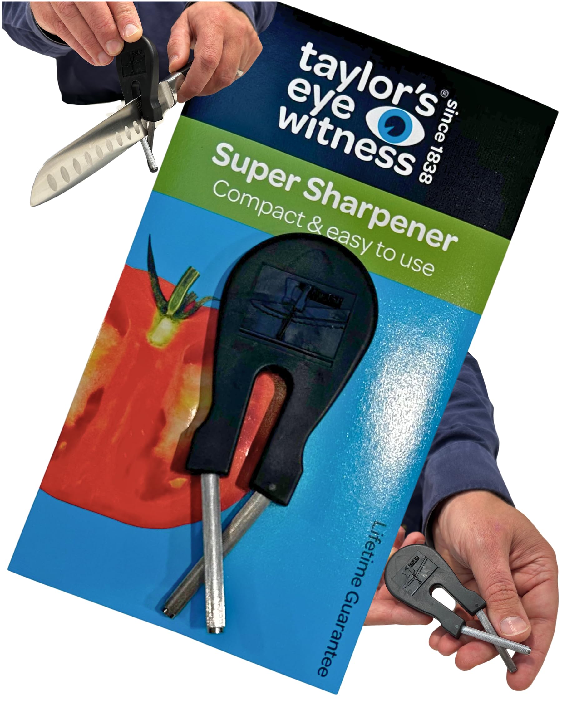 Taylors Eye Witness Pocket Sized Knife Sharpener - Easy To Use Manual Pull Through Sharpening Tool For Plain Edge Knives. Popular Handheld Kitchen Gadget for Honing Steel Knives.