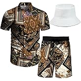 RPOVIG Beach Outfit Matching Shirts Shorts Men's Hawaiian Festival Floral Clothes 2 piece Sets with Bucket Hat
