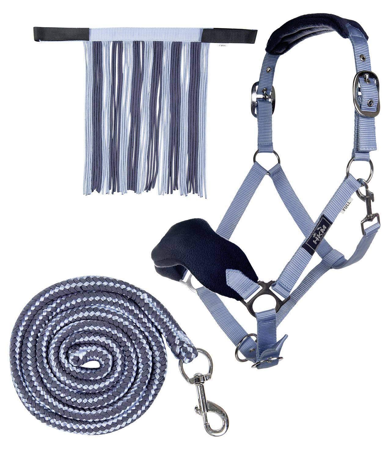 HKM 10733 Halter Set, Halter Fly Fringe Knitted 180 cm Carabiner, Baby Blue/Medium Blue VB — image 1