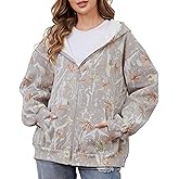 Eutten Womens Camo Zip Up Hoodie Long Sleeve Maple Leaf Print Oversized Hooded Jacket Fleece Full Zip Sweatshirt with Pockets