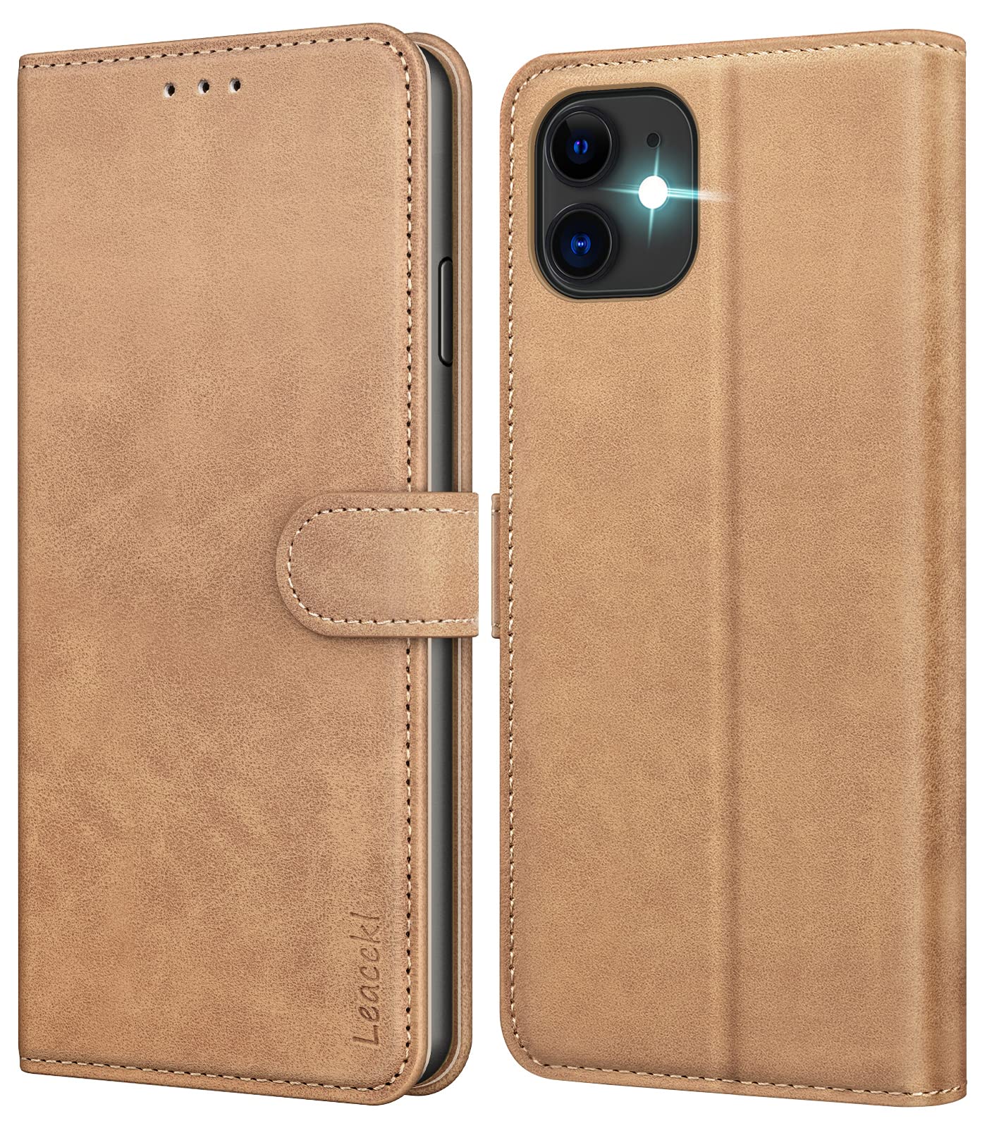 Leacckl for iPhone 11 Case, Leather Wallet Case, Flip Case with Card Holder and Magnetic Buckle, Khaki — image 1