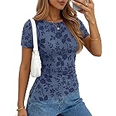 ZESICA Women's Summer Floral Short Sleeve Tops 2026 Mesh Crewneck Asymmetrical Ruched Fitted Going Out Shirts Y2K Clothes