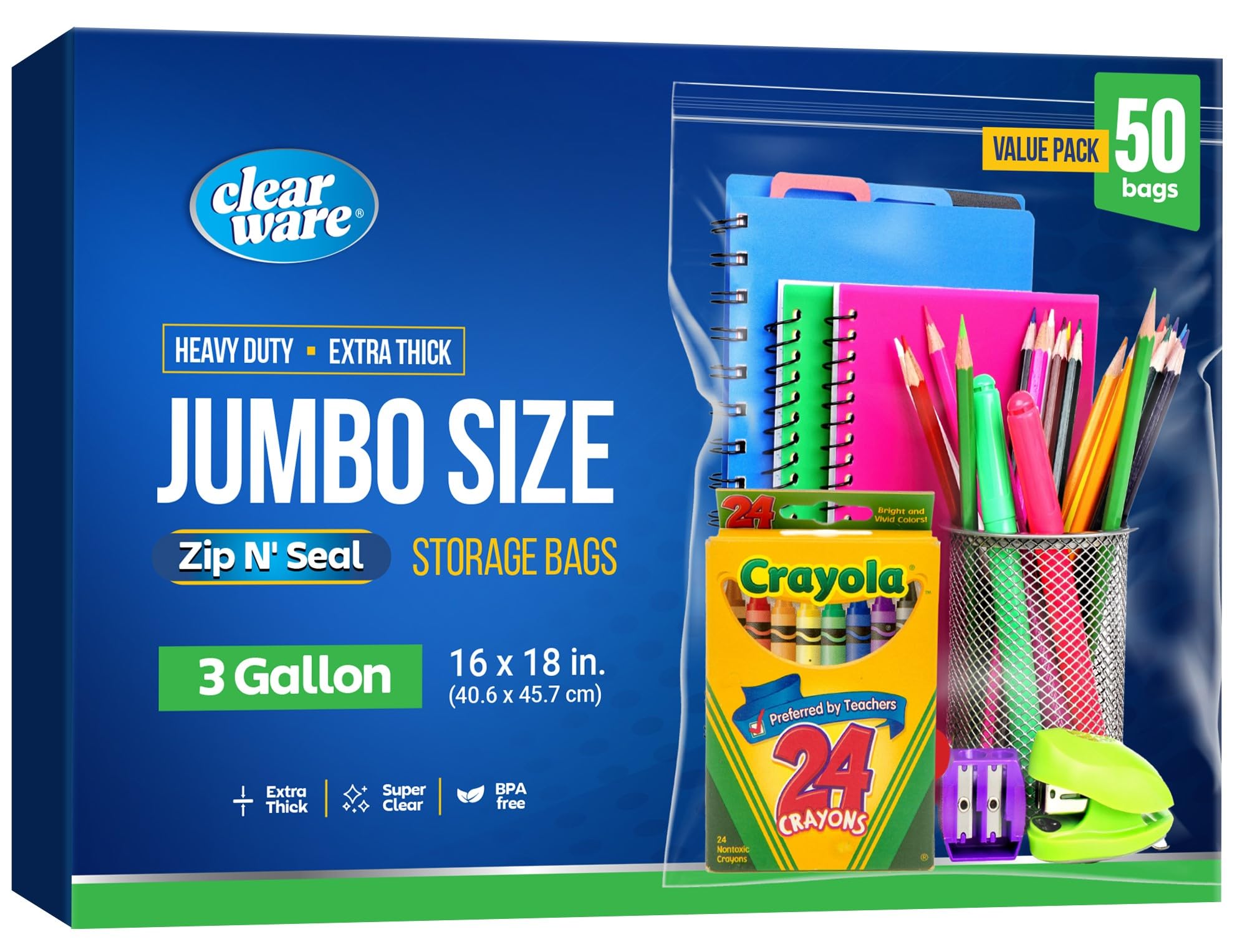Photo 1 of Large Storage Bags With Zipper Top - 3 Gallon Size, 16" x 18", Extra Large Plastic for Clothes, Travel, Moving, Large Reusable freezer bags, BPA-Free, 2-mil Thick (X-Large, 50, Count)