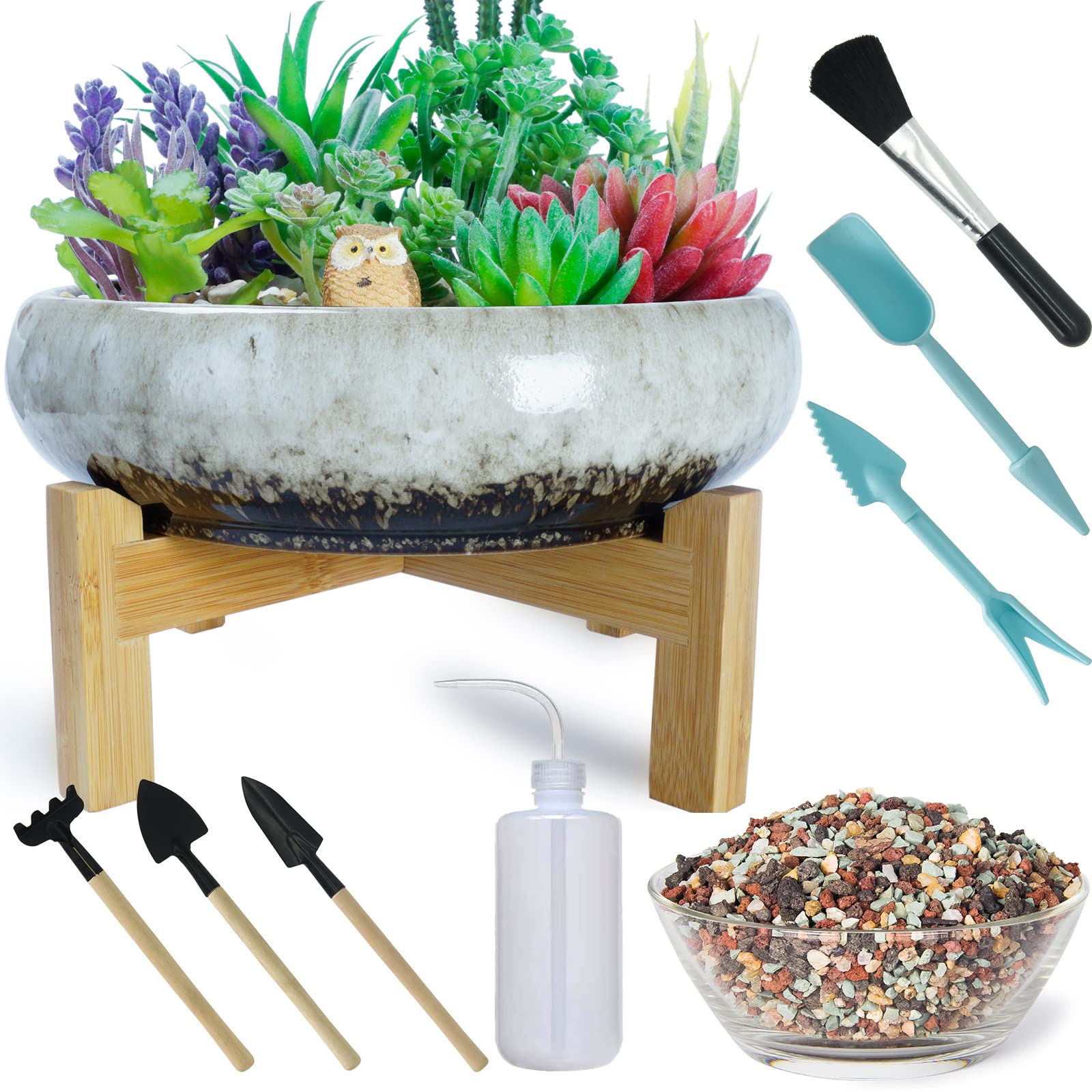 ARTKETTY Succulent Plants Pots, Ceramic Cactus Plants Pots for Indoor/Outdoor Flower Plants, 25cm Large Shallow Bonsai Pot with Drainage Stand Plus Succulent Planting Tools Set & 2.2lb Mix Pebbles