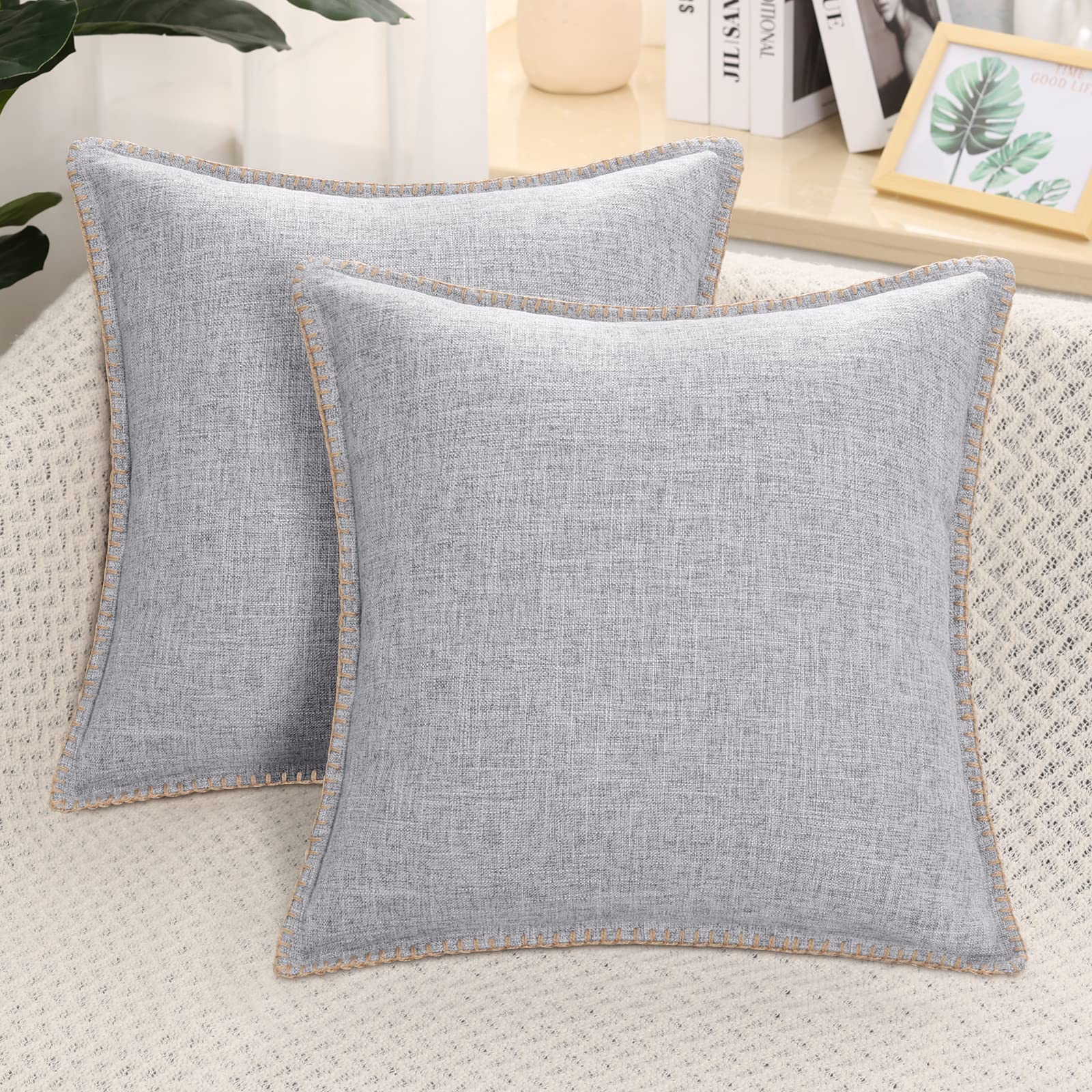 decorUhome Set of 2 Linen Cushion Covers 65X65cm,Decorative Outdoor Plain Vintage Cushion Covers with Stitched Edges, large Square Farmhouse Neutral Pillow case 26x26 Inch for Sofa, Light Grey