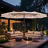 MFSTUDIO 15ft Double Sided Patio Umbrella with Solar Lights, Outdoor Large Umbrellas with Crank Handle and 36 LED Lights, Rectangular Market Umbrella with Base Included for Deck Pool Shade, Beige