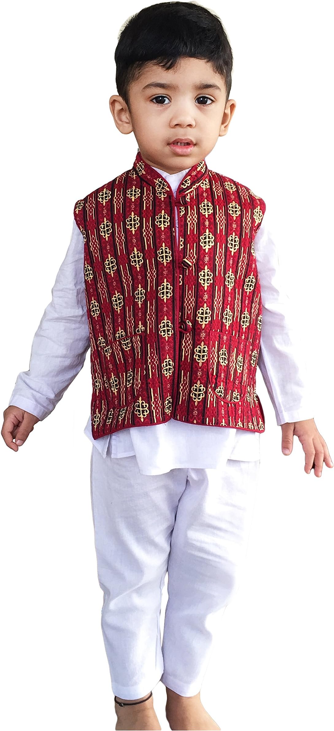 White Kurta Pajama and Printed Double Sided Outer wear Jacket