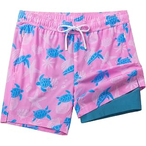 Flytop Mens Swim Trunks with Breathable Compression Liner, Quick Dry 5" Bathing Suit with Zipper Pockets, 2 in 1 Board Shorts