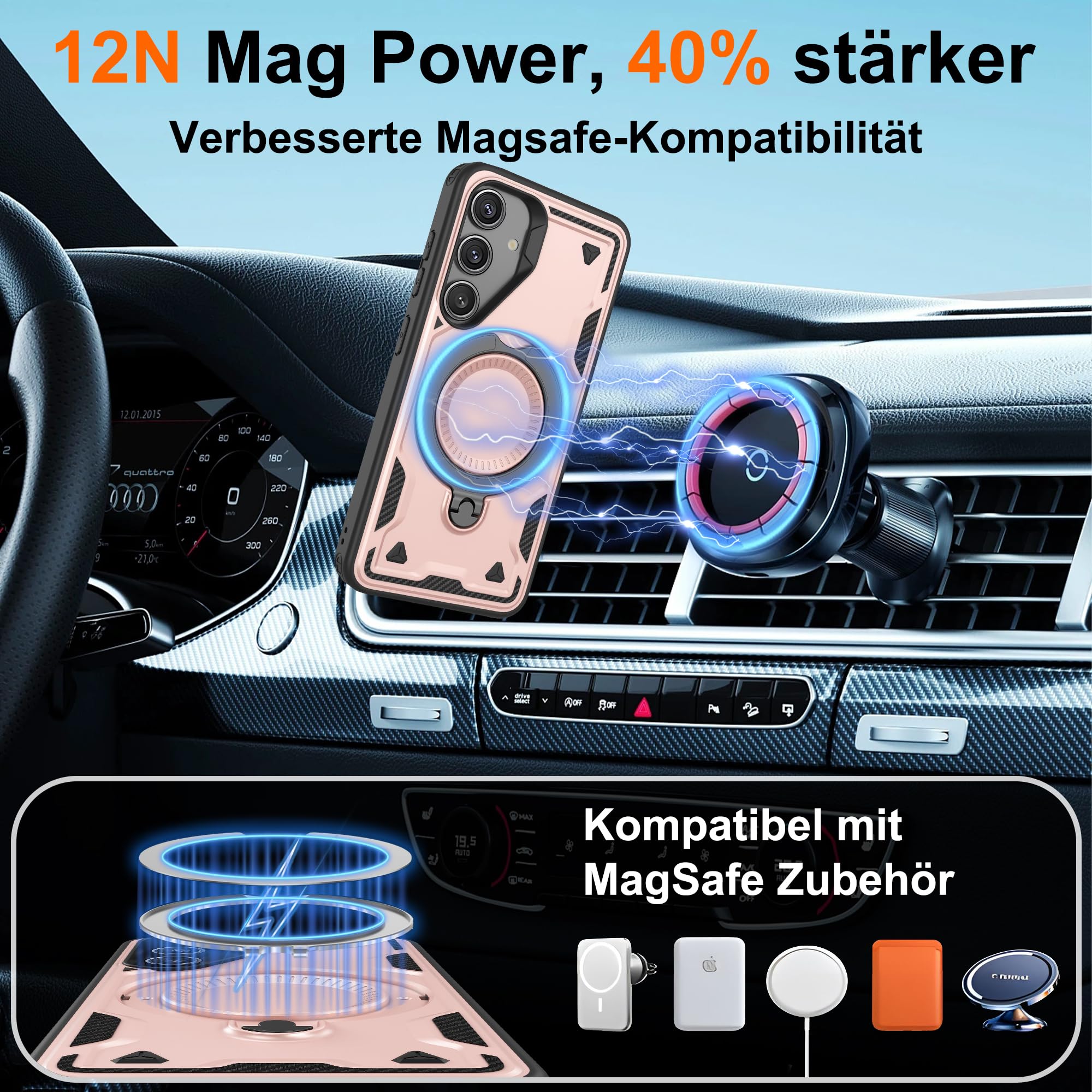 Jshru Samsung Galaxy S24/S25 Hülle Kompatibel mit Magsafe Handyhülle, mit 2Stk HD-Schutzfolie Magnetische Schutzhülle, 360° Drehbare Ringhalter Stoßfeste Case für Samsung Galaxy S24/S25,Schwarz 3
