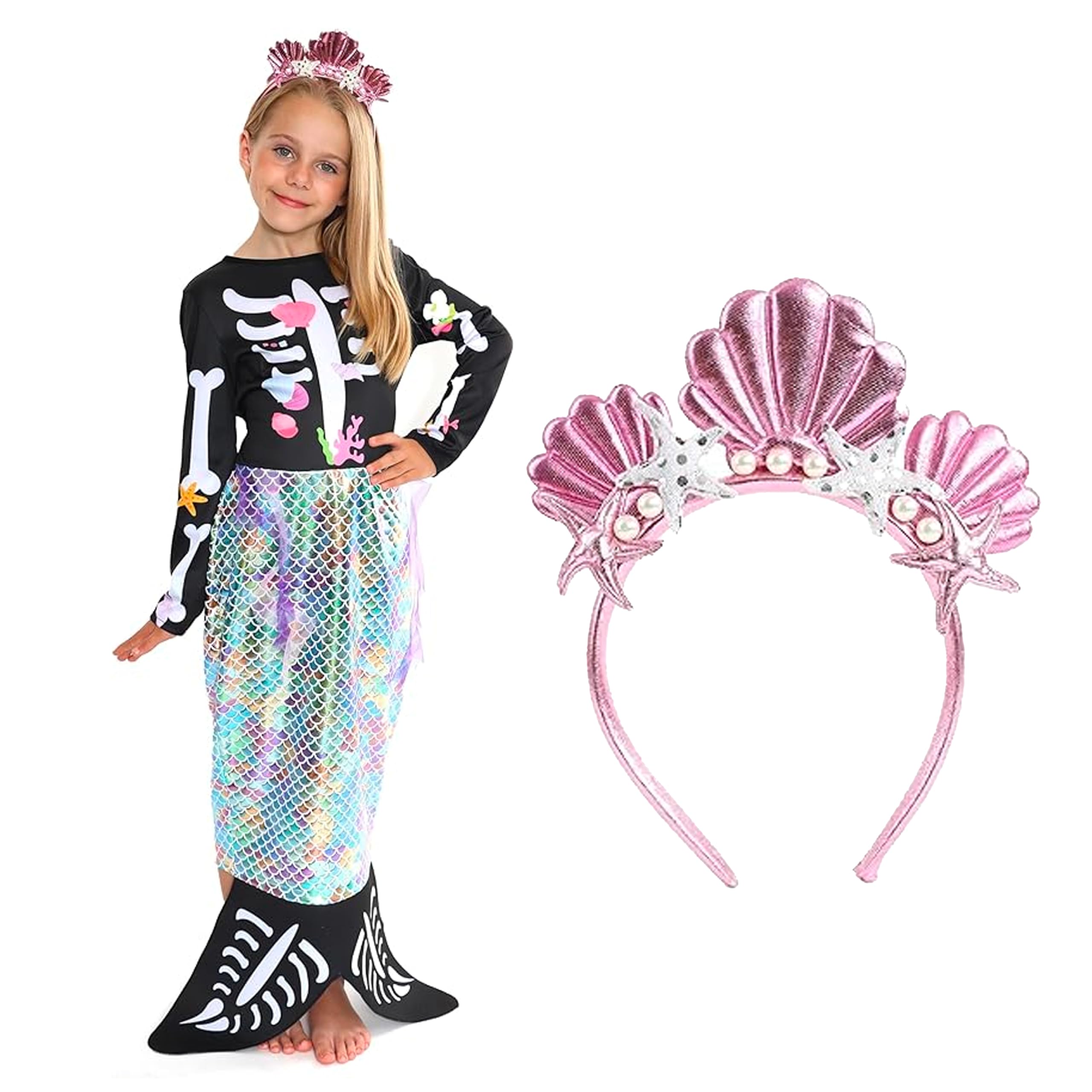 Girls Skeleton Mermaid Halloween Costume - X-Large - Black Skeleton Dress with Mermaid Tail Skirt and Pink Shell Headband - Kids Halloween Trick or Treat Fancy Dress Costume