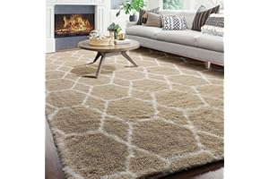 ONASAR Living Room Area Rug 6x9, Large Beige Geometric Rugs Floor Mat for Bedroom Home Decor Aesthetic, Soft Fuzzy Shaggy Plush Fluffy Moroccan Carpet for Teen Nursery Dorm Classroom Office