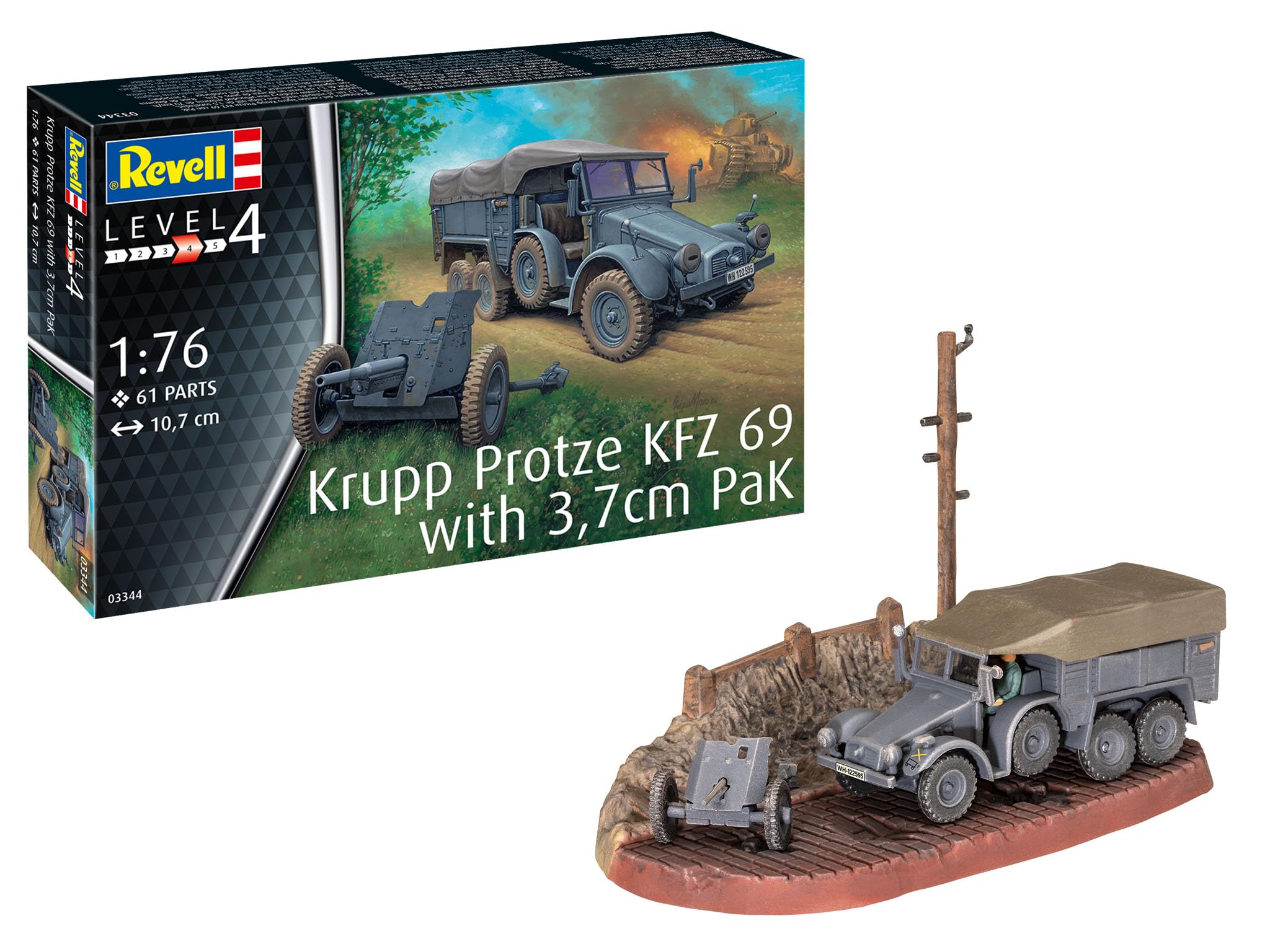 Revell 03344 Krupp Protze KFZ 69 avec kit de Maquette à l'échelle 1/76 Pak 3,7 cm