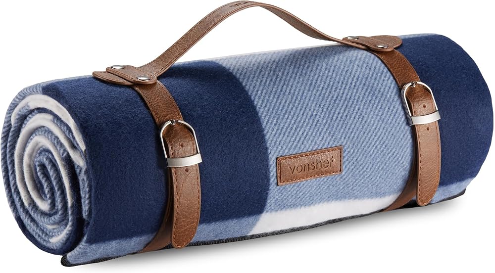 VonShef Picnic Blanket Blue White Tartan 180x147cm Waterproof Backing