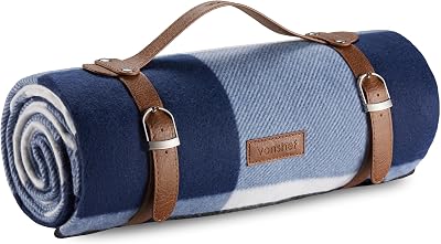 VonShef Picnic Blanket Blue White Tartan 180x147cm Waterproof Backing