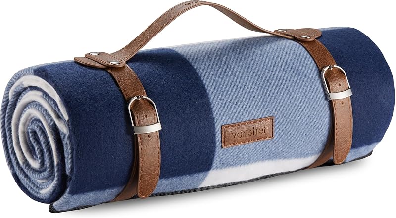VonShef Picnic Blanket Blue White Tartan 180x147cm Waterproof Backing