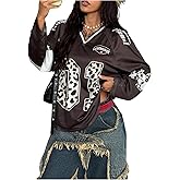 SOLY HUX Women's Jersey Shirt Leopard Mesh Number Graphic Tees V Neck Long Sleeve Y2k Streetwear Tops