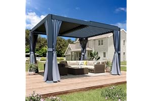 MELLCOM Louvered Pergola 10x12ft with 2 Independent Adjustable Roof, All-Weather Aluminum Shelter with Drainage System, Waterproof Curtains and Netting for Patio, Deck (Dark Gray)