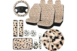 Frienda Car Seat Covers Full Set for Women Men Car Accessories Set Rubber Steering Wheel Cover Armrest Pad Cover Seat Belt Pads Wrist Holder Keychain (Leopard Print)