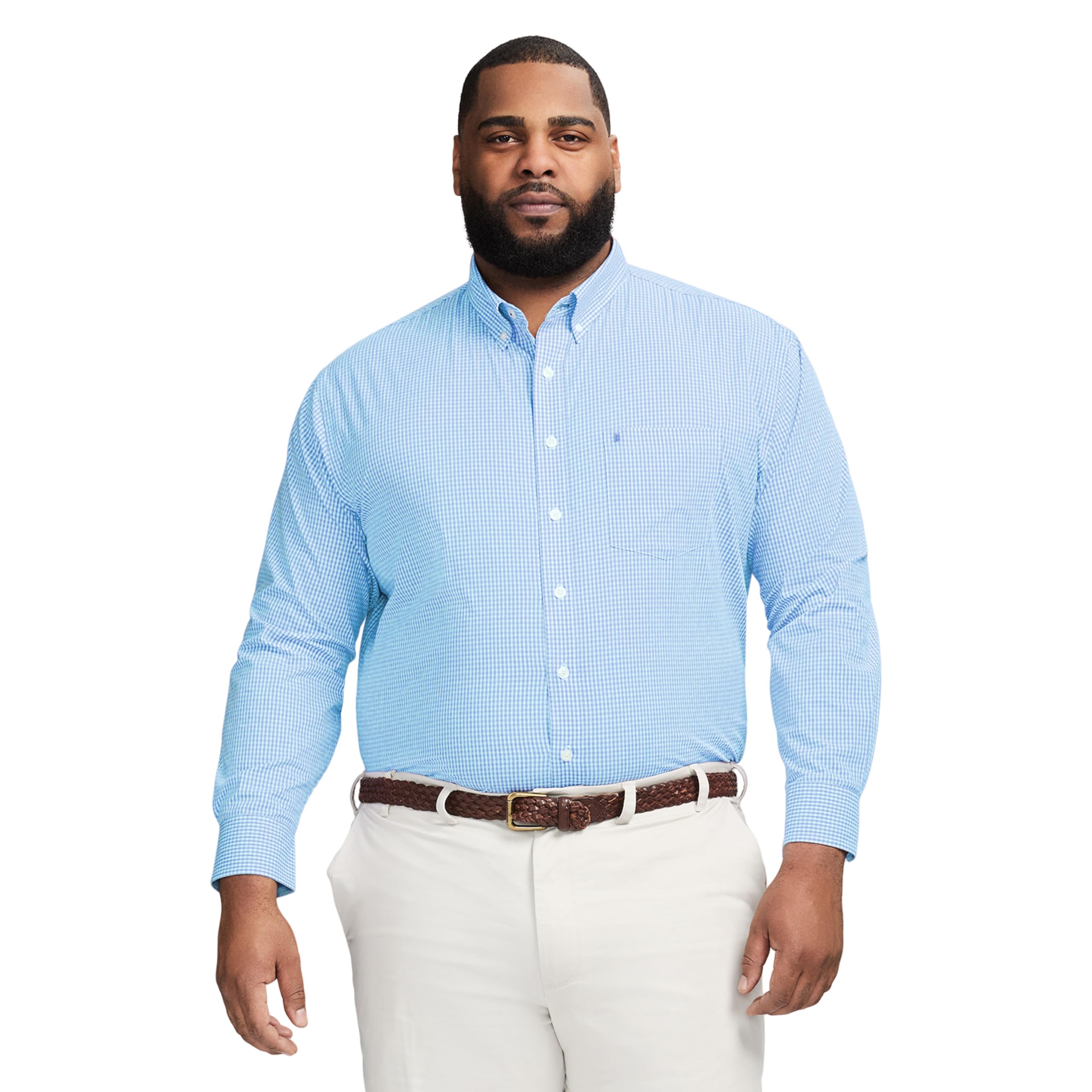 IZOD Men's Big and Tall Performance Comfort Long Sleeve Gingham Button Down Shirt, Blue Revival Image