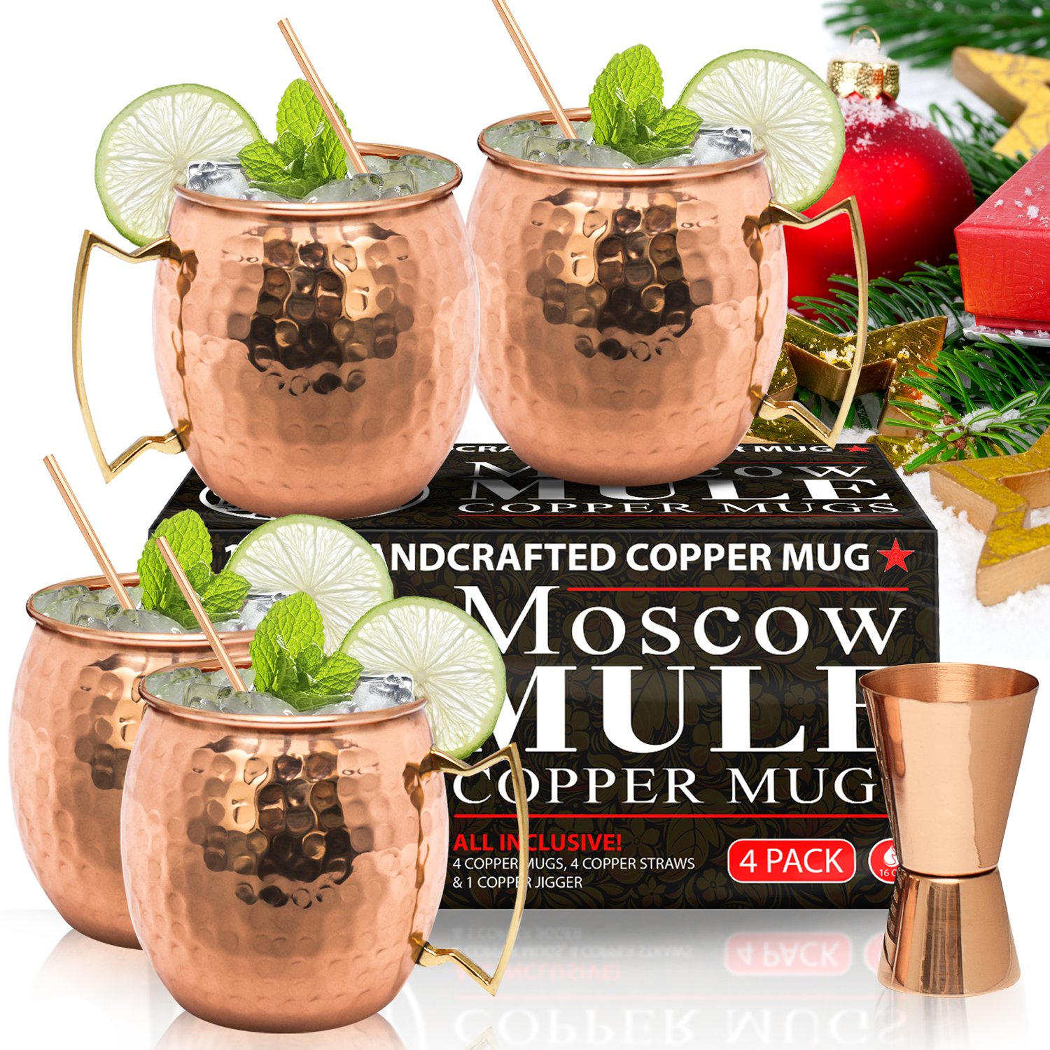 Moscow Mule Copper Mugs - Set of 4x 16oz Mugs And Copper Straws