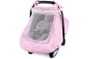FIOBEE Baby Car Seat Cover, Car Seat Covers for Babies Infant Car Seat Canopy with Breathable Mesh Window Waterproof Carseat Cover for Babies Boy Girl 4 Seasons, Pink/Geometry
