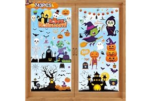VOKT Halloween Decorations 743 PCS Halloween Window Clings, 10 Sheets Cute Halloween Window Decorations, Large Halloween Window Stickers Double-Sided Removable Window Decals, for Kids Party Decorations