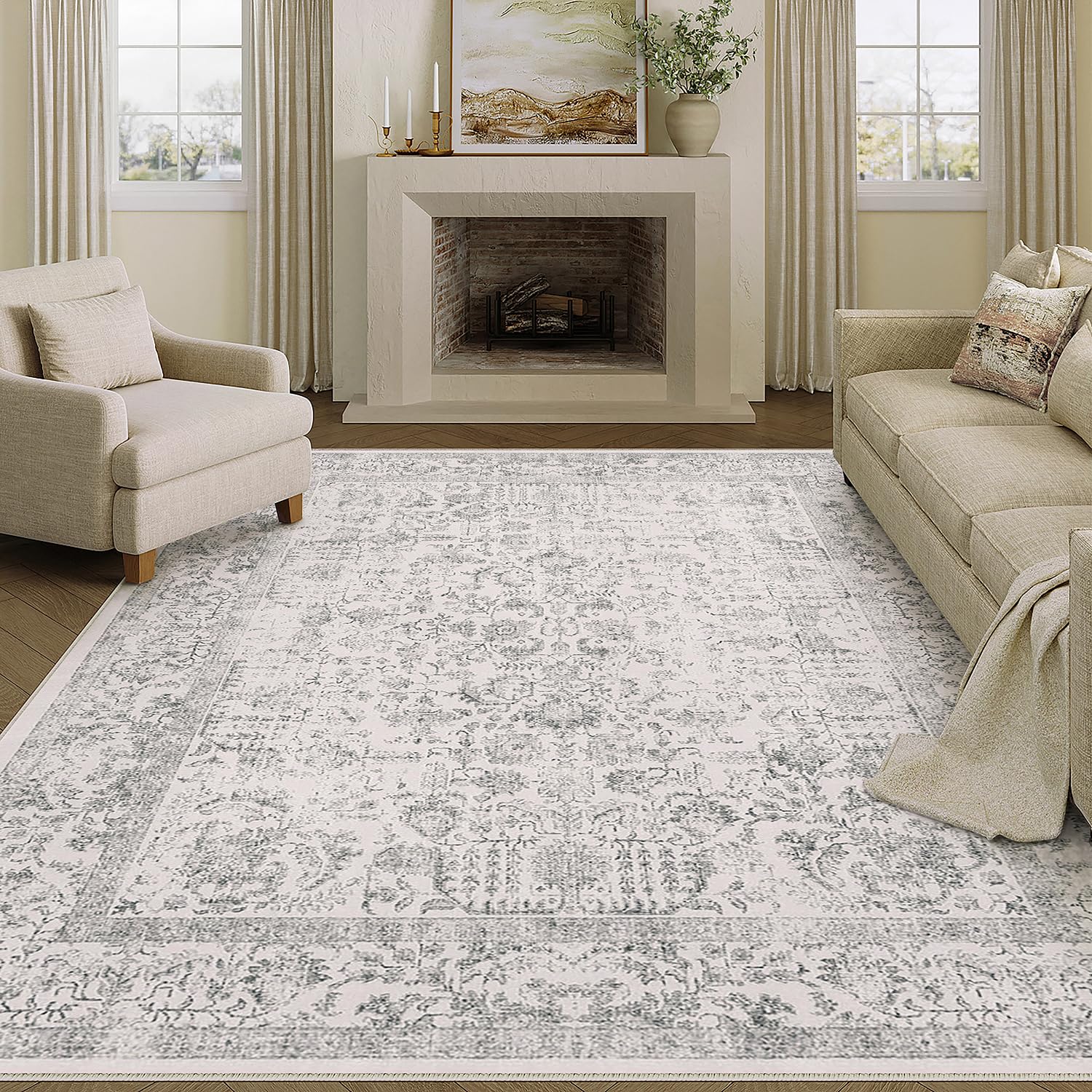 Photo 1 of PureCozy Gray Area Rug 6x9 Machine Washable Vintage Living Room Distressed Non Slip Carpet Traditional Indoor Bedroom Grey Retro Floral Accent Throw Large Rug for Office Kitchen Dining Room