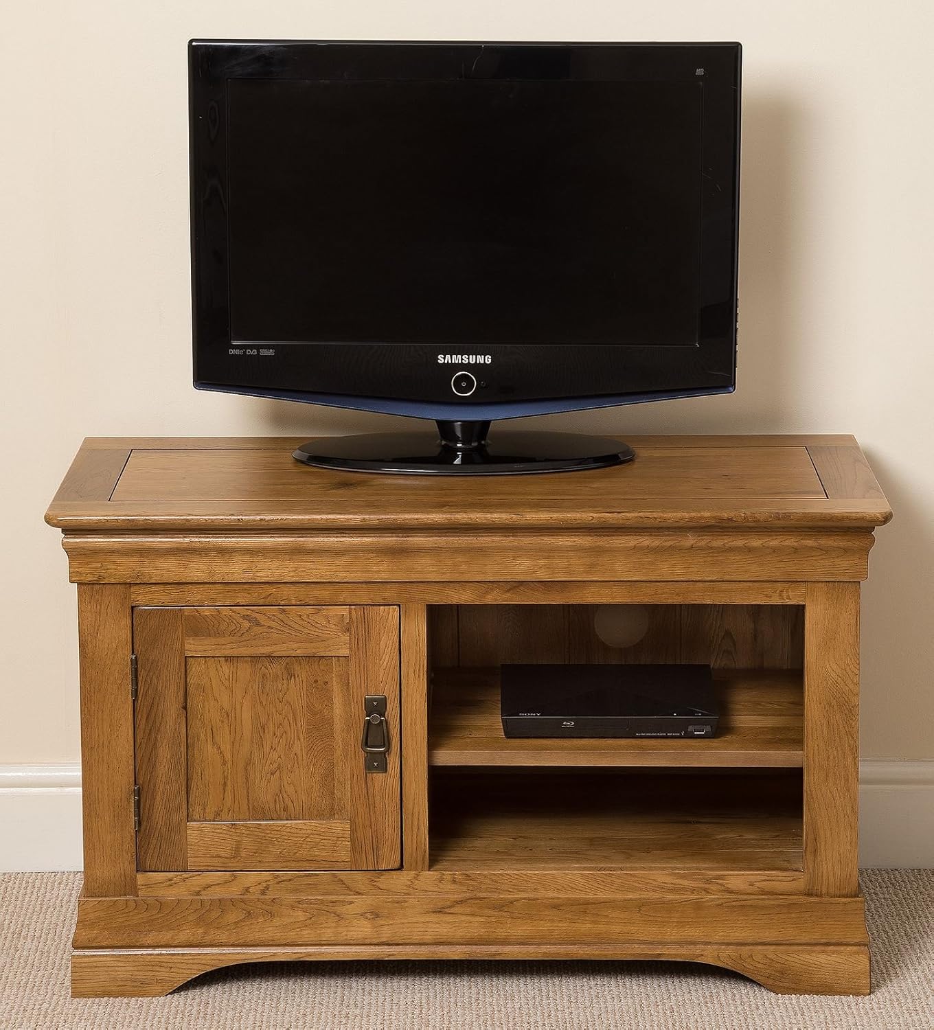 French Rustic Solid Oak Small Tv Unit Stand Dvd Hi Fi Cabinet Living Room Furniture 100 W X 43 D X 60 H Cm