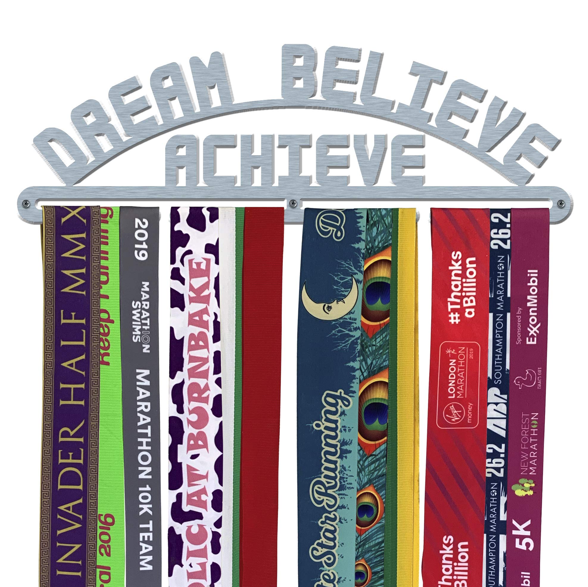 The Medal Hanger Shop | Dream Believe Achieve | Brushed Stainless Steel | Medal Hanger Display Holder for Runners | Athletes | Sports | Made in Britain