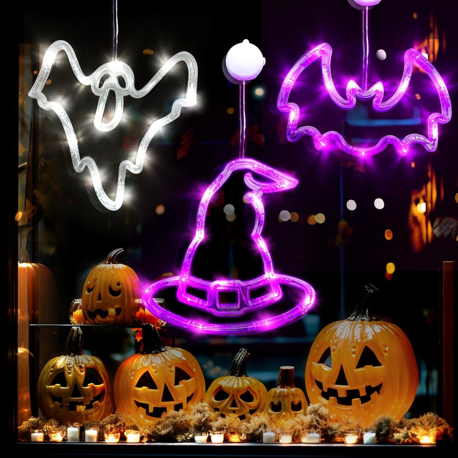 String Lights - Hexagram Halloween Window Decorations Lights, Indoor Halloween Lights Window Decor 3 Pack, Halloween Decorations for Home Outdoor Party, Light Up Ghost Bat Witch Decorations