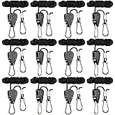 12 Pack Rope Clip Hanger 1/8 Inch 8 FT Adjustable Lifting Pulley Lanyard Hanger with M5 Iron Galvanized Carabiner, Reinforced Metal Internal Gears Ratchets 150lbs Capacity, Black