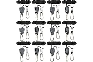 MIVIDE 12 Pack Rope Clip Hanger 1/8 Inch 8 FT Adjustable Lifting Pulley Lanyard Hanger with M5 Iron Galvanized Carabiner, Reinforced Metal Internal Gears Ratchets 150lbs Capacity, Black