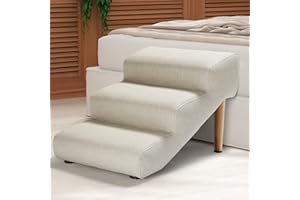 Senneny Imitation Linen Faux Leather Dog Stairs, for Pets up to 150 lbs, Waterproof, Scratch Resistant Pet Steps/Stairs with High Density Foam and Detachable Wooden Legs, Light Beige Linen, 3 Step