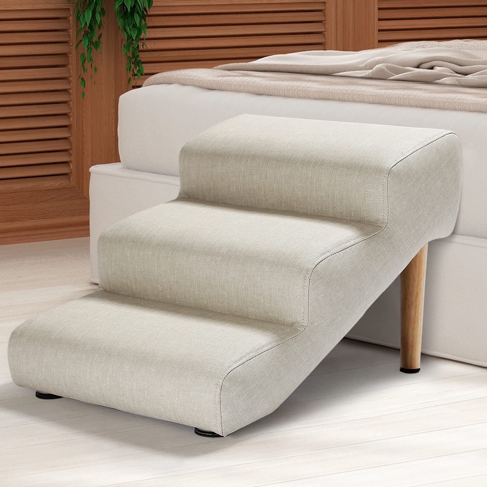 Photo 1 of *****ONE OF THE LEGS NEEDS TO BE ATTACHED***Senneny Imitation Linen Faux Leather Dog Stairs, for Pets up to 150 lbs, Waterproof, Scratch Resistant Pet Steps/Stairs with High Density Foam and Detachable Wooden Legs, Light Beige Linen, 3 Step