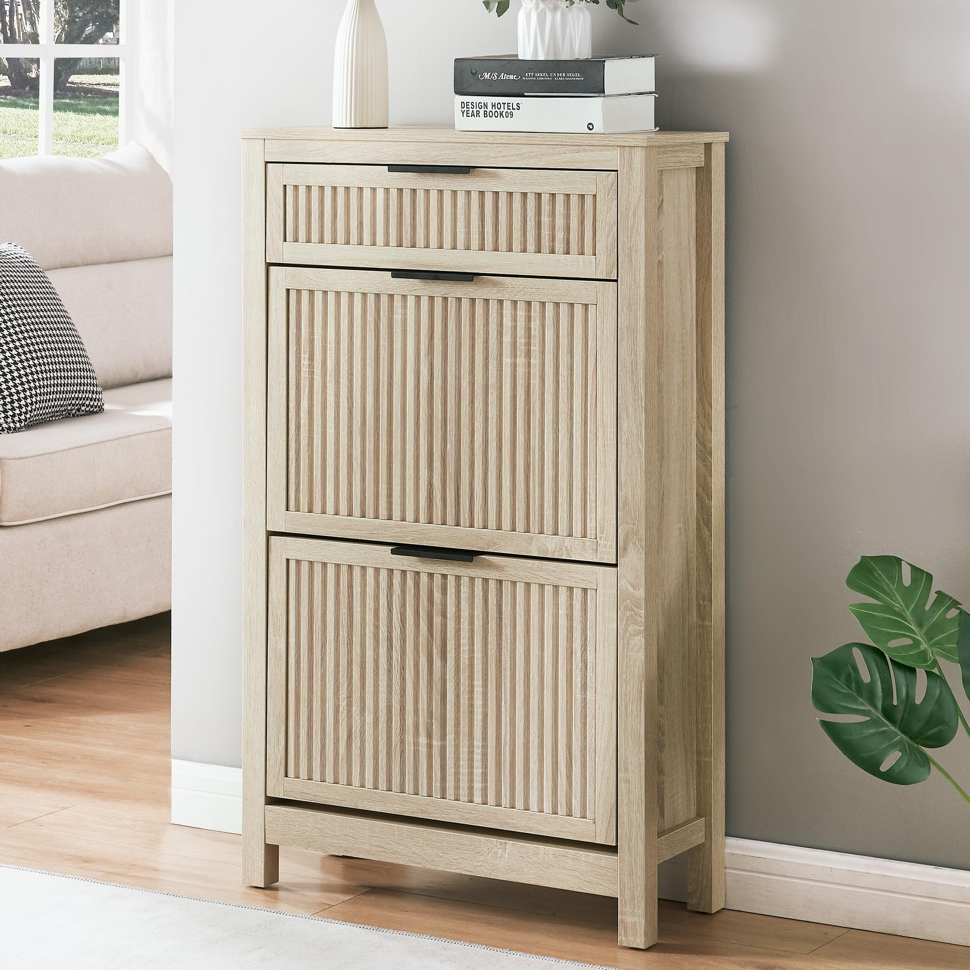 Photo 1 of HUSHEDIFY 2 Flip Drawers Shoe Cabinet Storage for Entryway, Narrow Shoes Organizer Cabinet for Front Door Entrance, Free Standing Hidden Wooden Hallway Shoe Rack(Oak)