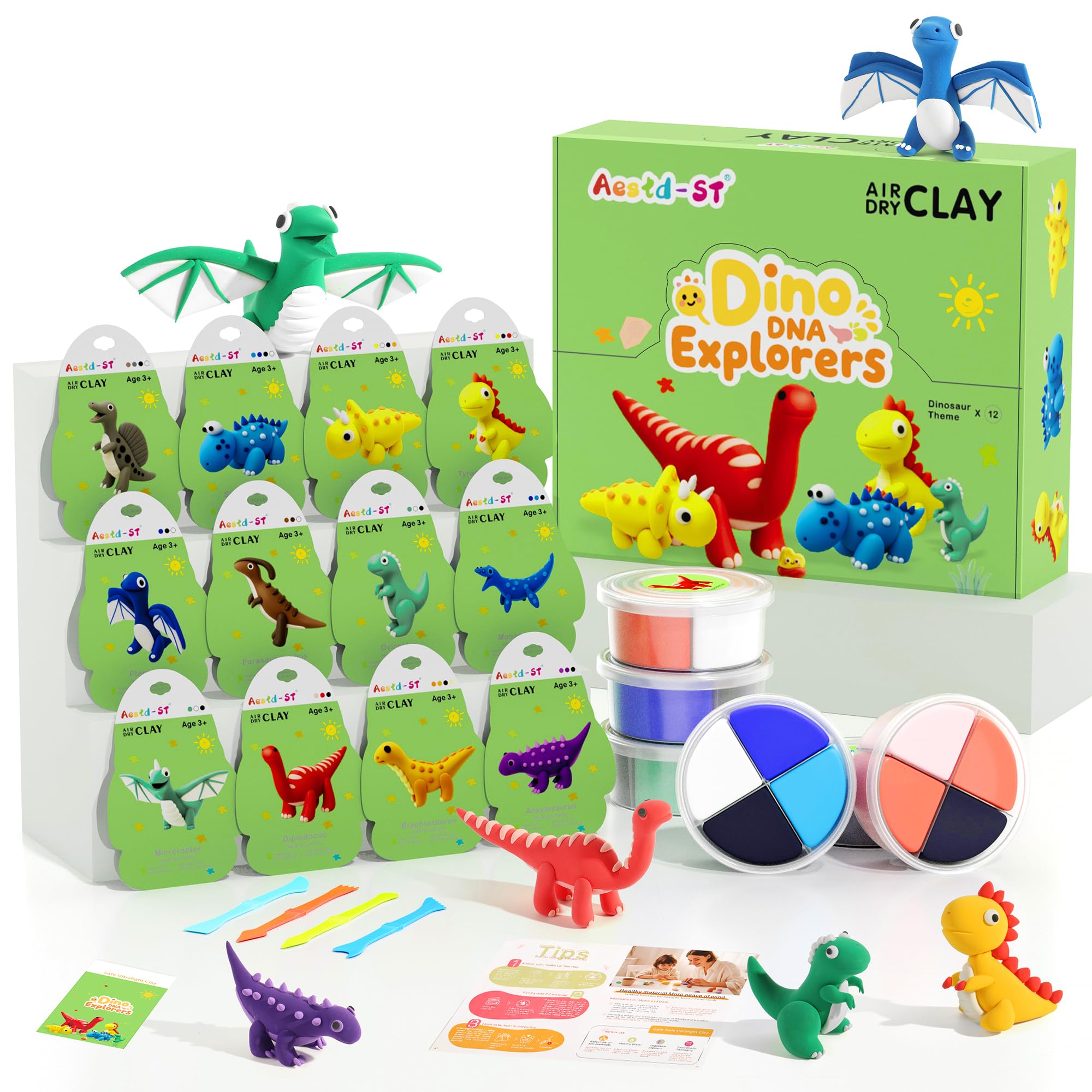 Air Dry Clay Kit - Dinosaur Theme, Modeling Clay for Kids, DIY Model Magic Clay with Sculpting Tools and Tutorials, 12 Boxes Molding Clay, Ultra Light, Soft & Non-Toxic, Arts and Crafts Gift for Kids