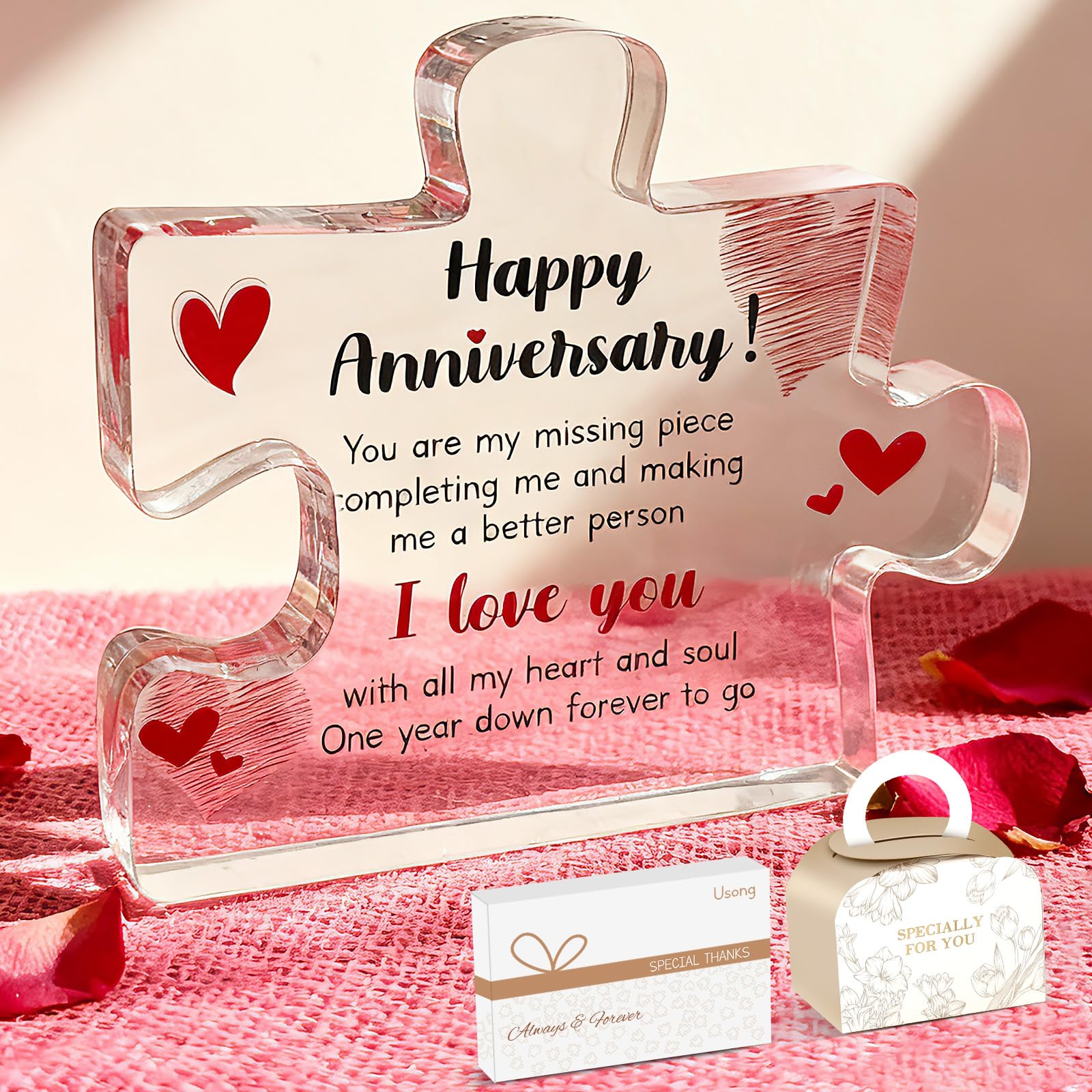 Usong Anniversary Acrylic Plaque Gifts for Her Gift Box Set on Christmas Valentines Day Wedding Anniversary for Wife Husband Girlfriend Boyfriend