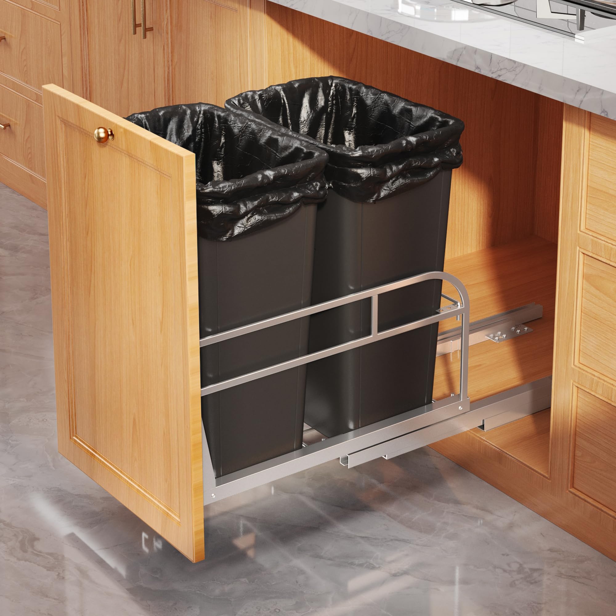 Under Cabinet Pull Out Trash Can Kit - Soft Close Slides For Hidden Kitchen Garbage Storage