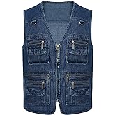 Spanye Men Denim Vest Outdoor Work Jacket Multi Pocket for Travel Photo Fishing Big & Tall