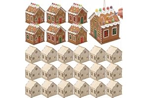 DoubleFill 24 Pack Wooden Gingerbread House DIY Craft Kit for Kids with Hanging Twine Hollow Windows Laser Engraving Pattern Art Christmas Village House Set for Xmas Winter Gift Holiday Party Decor