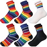 Fourluoo 6 Pairs Striped Socks Adult Crew Cotton Rainbow Stripe Athletic Casual Socks for Women and Men Multicolored Unisex Matching
