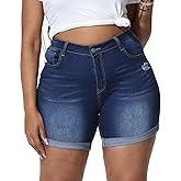 Gocolloa Womens Plus Size Jean Shorts Stretchy High Waisted Distressed Fold Hem Denim Shorts