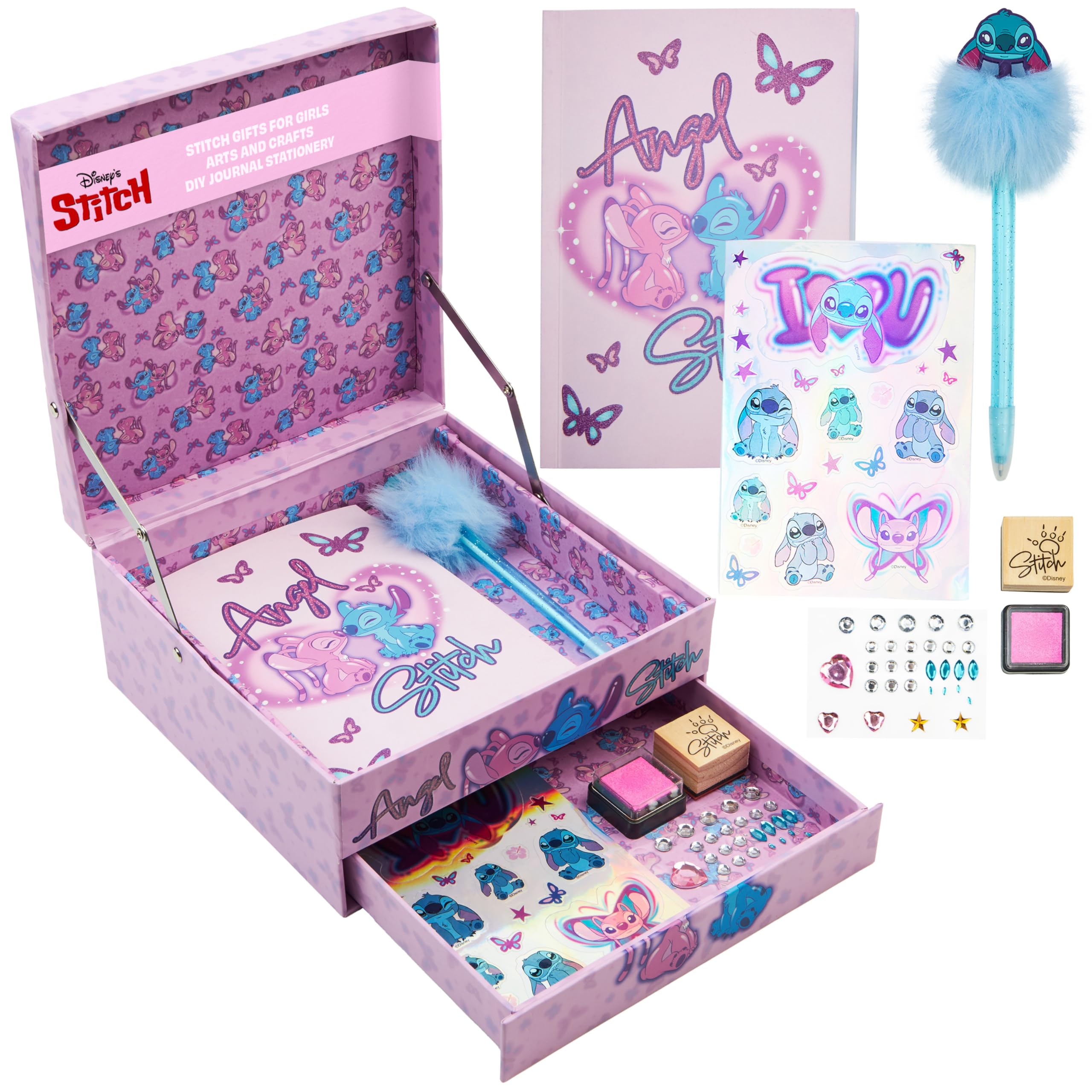 Disney Stitch Notebook Stationery Set Kids Teens Diary DIY Journal Kit with Gem Stickers Pen Stamp Craft Set Writing Drawing Stitch Gifts for Girls (Pink Stitch)