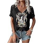 Rock Band T-Shirt for Women V-Neck Country Music Short Sleeved Shirt Retro Nashville Guitar Graphic Hollowed Tee Tops