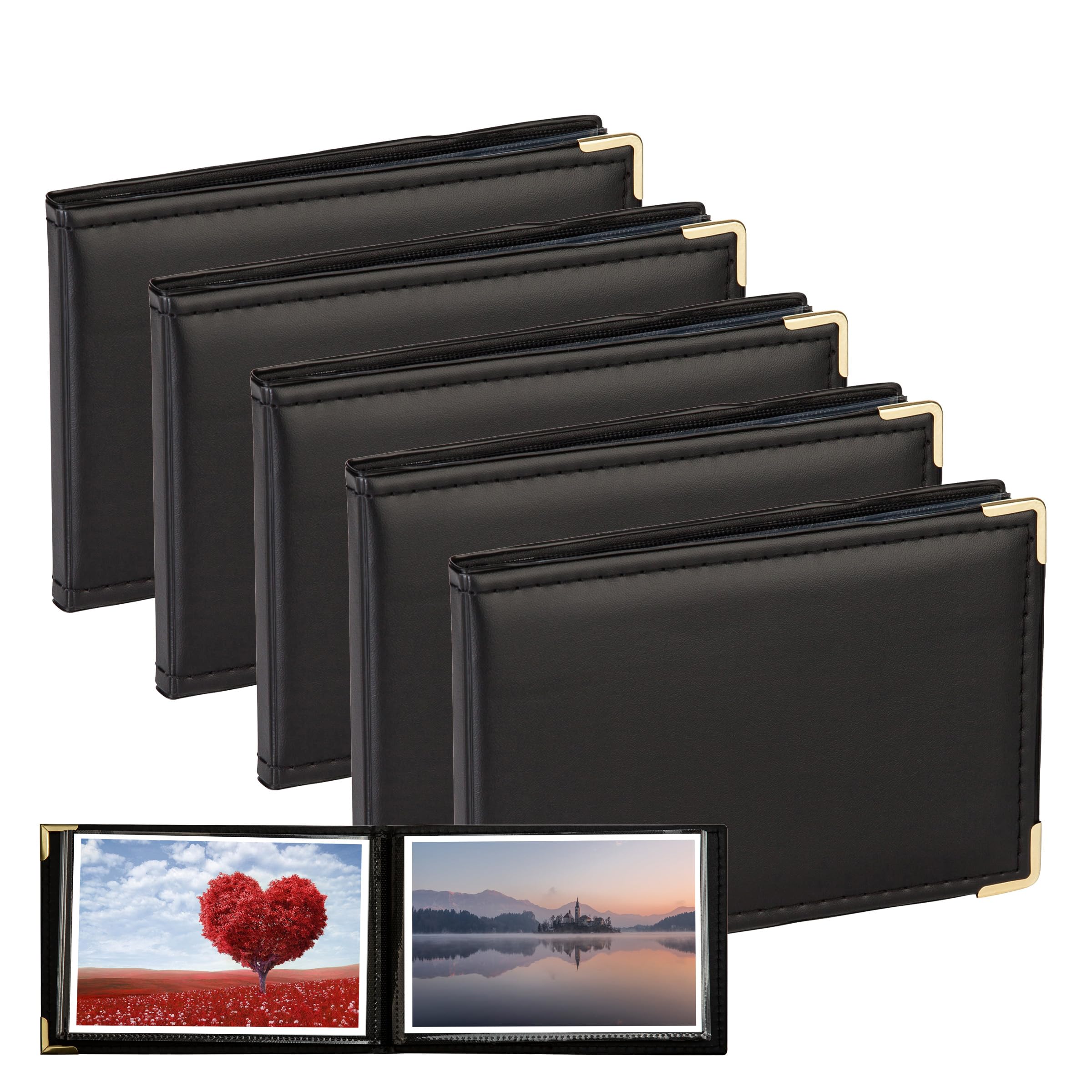 Kenro APL Photo Albums (Pack of 5) - 6x4 Photo Album (10cm x 15cm) for 36 Photos. Landscape Photo Album with Gilt Corners & Protective Cover. Black Leather Look, Carlton Series - APL150
