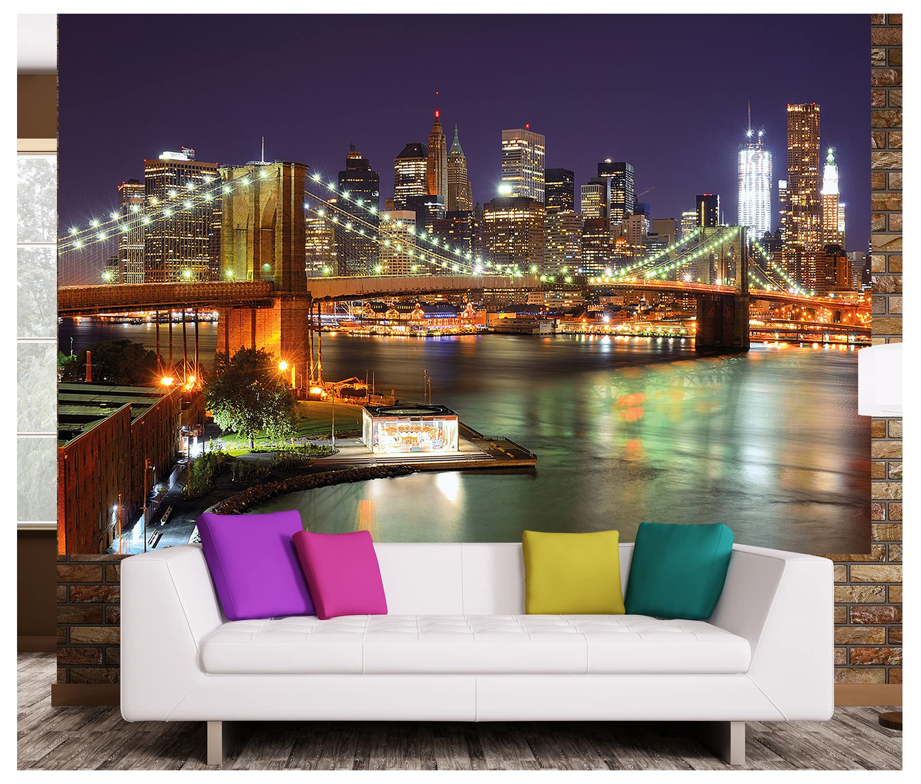 Mural – New York Mural – Decoration Brooklyn Bridge at Night Glowing Skyscraper Skyline Wall Street USA Decoration Wallpaper Photoposter Wall Mural Wall Decor (82.7 x 55 Inch / 210 x 140 cm)